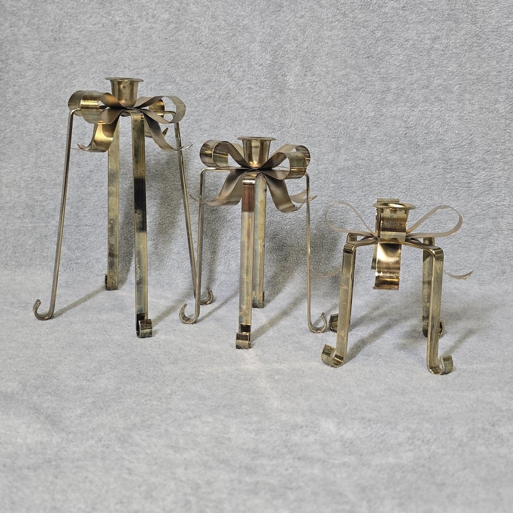 Vintage Home Interiors Brass Bow Candlestick Holders Set 3 Taper Gold Ribbons